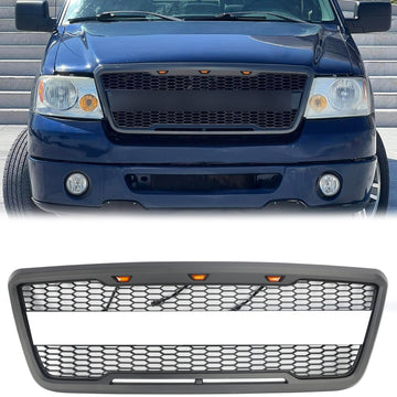 Ford F150 2004 2005 2006 2007 2008 Raptor Style Frontgrill Mesh Hood Grau Schwarzer Kühlergrill mit LED-Licht + FORD-Buchstabe