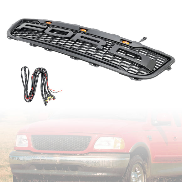 Ford F150 1999 2000 2001 2002 2003 Raptor style Grill Front Bumper Replacement Black Grille W/ LED Light