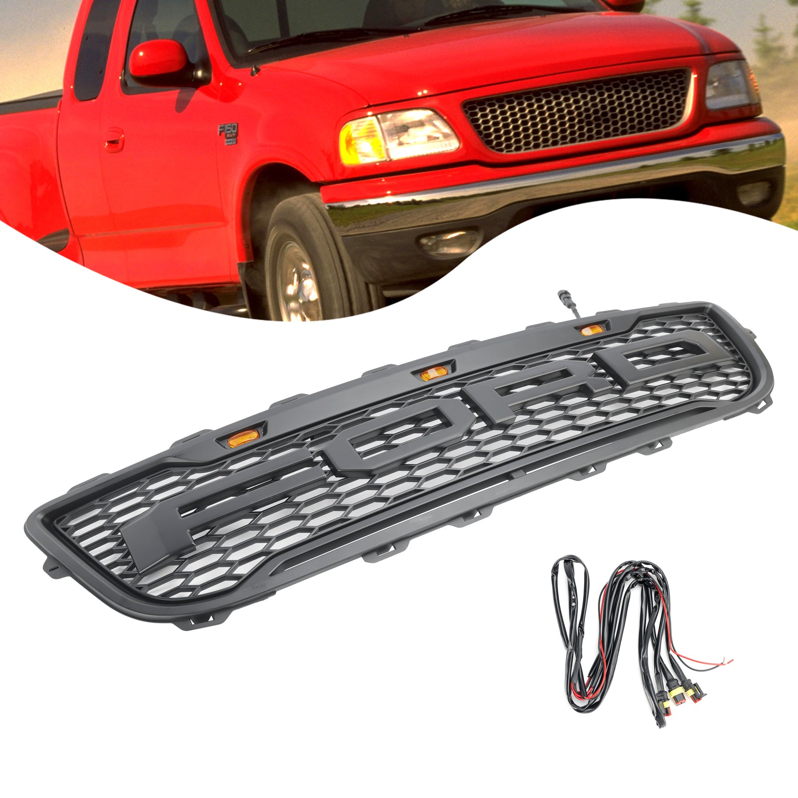 1999-2003 Ford F150 XL/XLT/Lariat/King Ranch Raptor style Front Honeycomb Bumper Grille Matte Black Grill