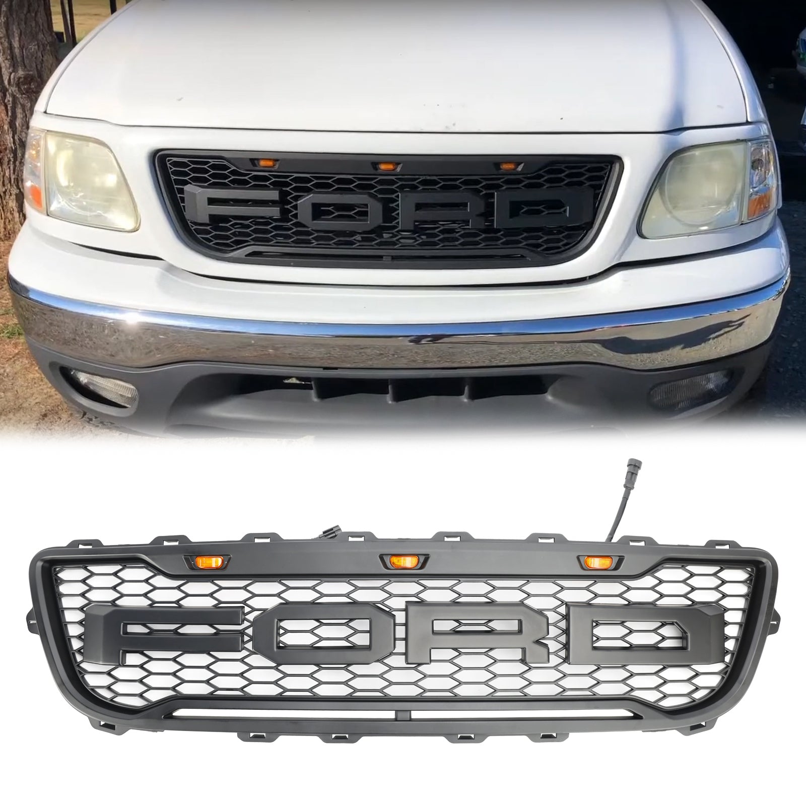 Ford F150 1999 2000 2001 2002 2003 Raptor style Grill Front Bumper Replacement Black Grille W/ LED Light