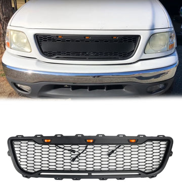 1999-2003 Ford F150 Raptor Style Front Honeycomb Bumper Grille Matte Black Grill W/ LED Light + FORD Letter