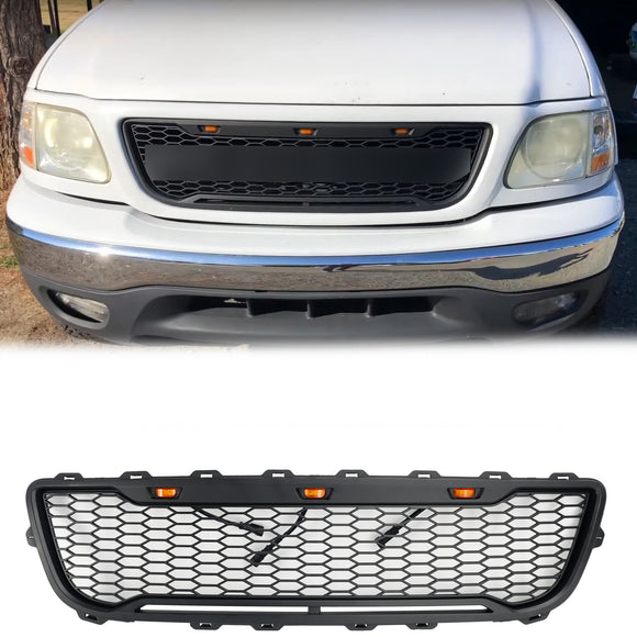 Ford F150 1999 2000 2001 2002 2003 Raptor style Grill Front Bumper Replacement Black Grille W/ LED Light & FORD Letter