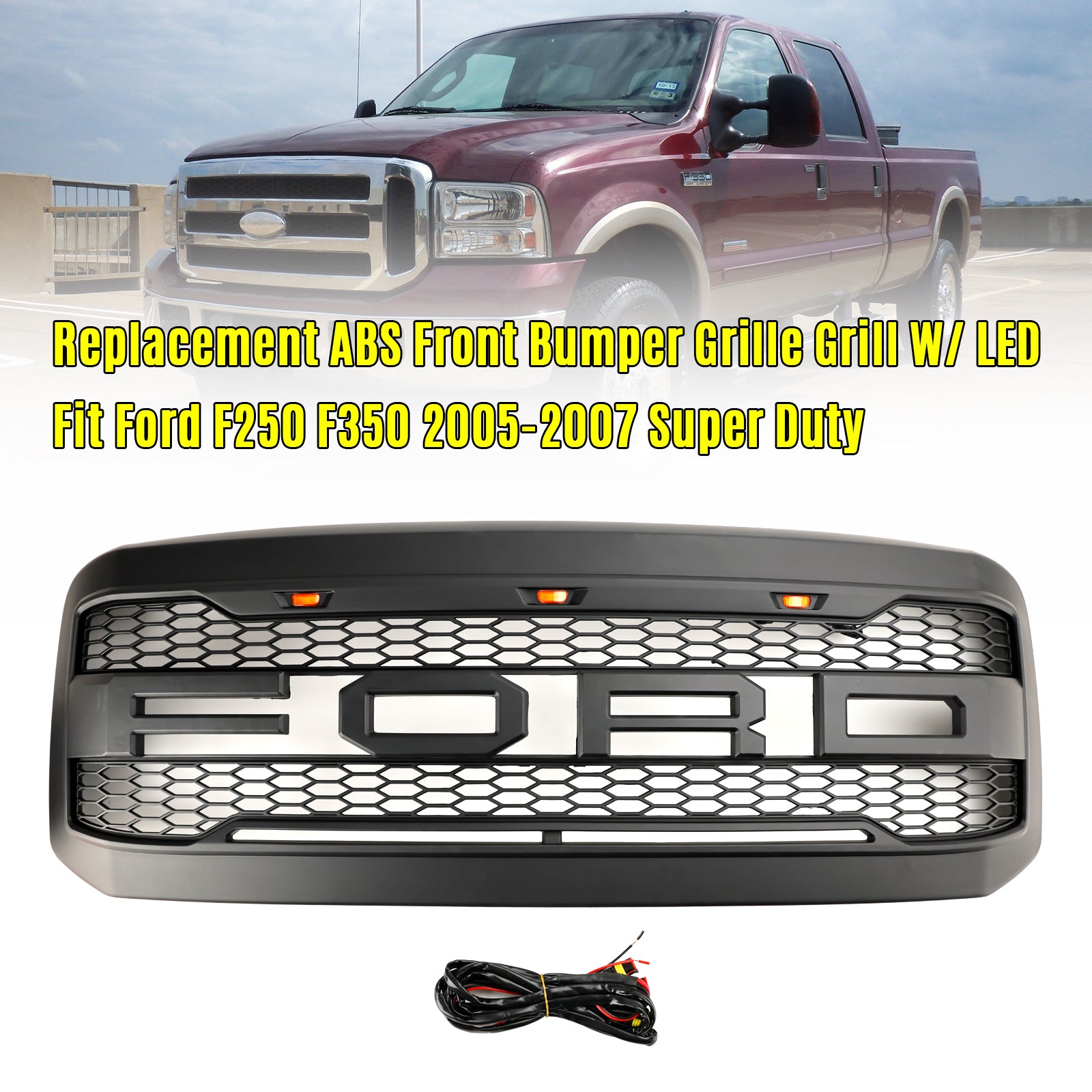 Ford F250 F350 Super Duty 2005 2006 2007 Raptor Style Matte Black Grille Front Bumper Replacement Grill With LED Light