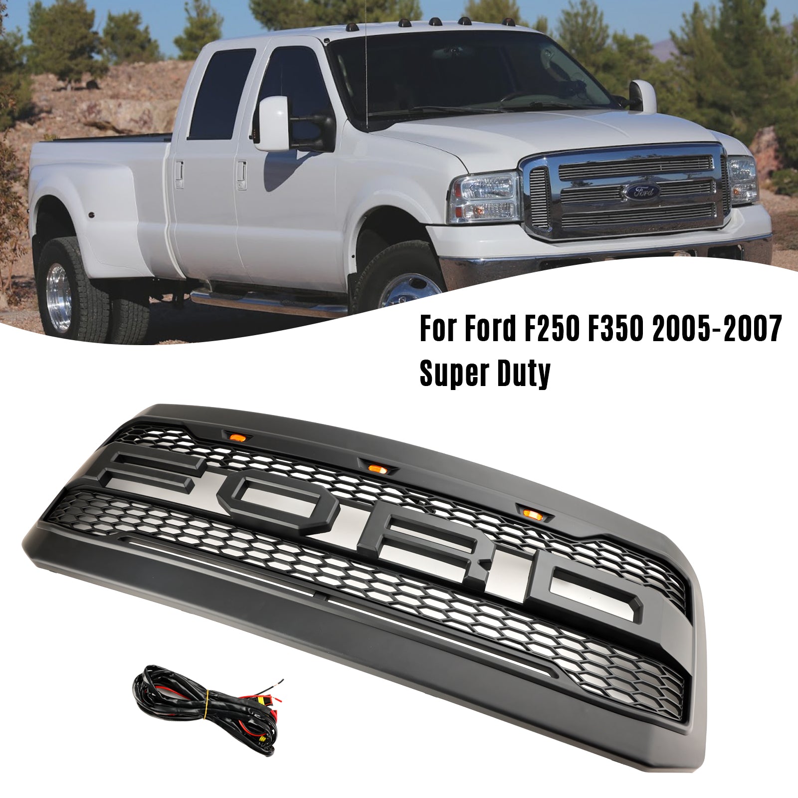 Ford F250 F350 Super Duty 2005 2006 2007 Raptor Style Matte Black Grille Front Bumper Replacement Grill With LED Light