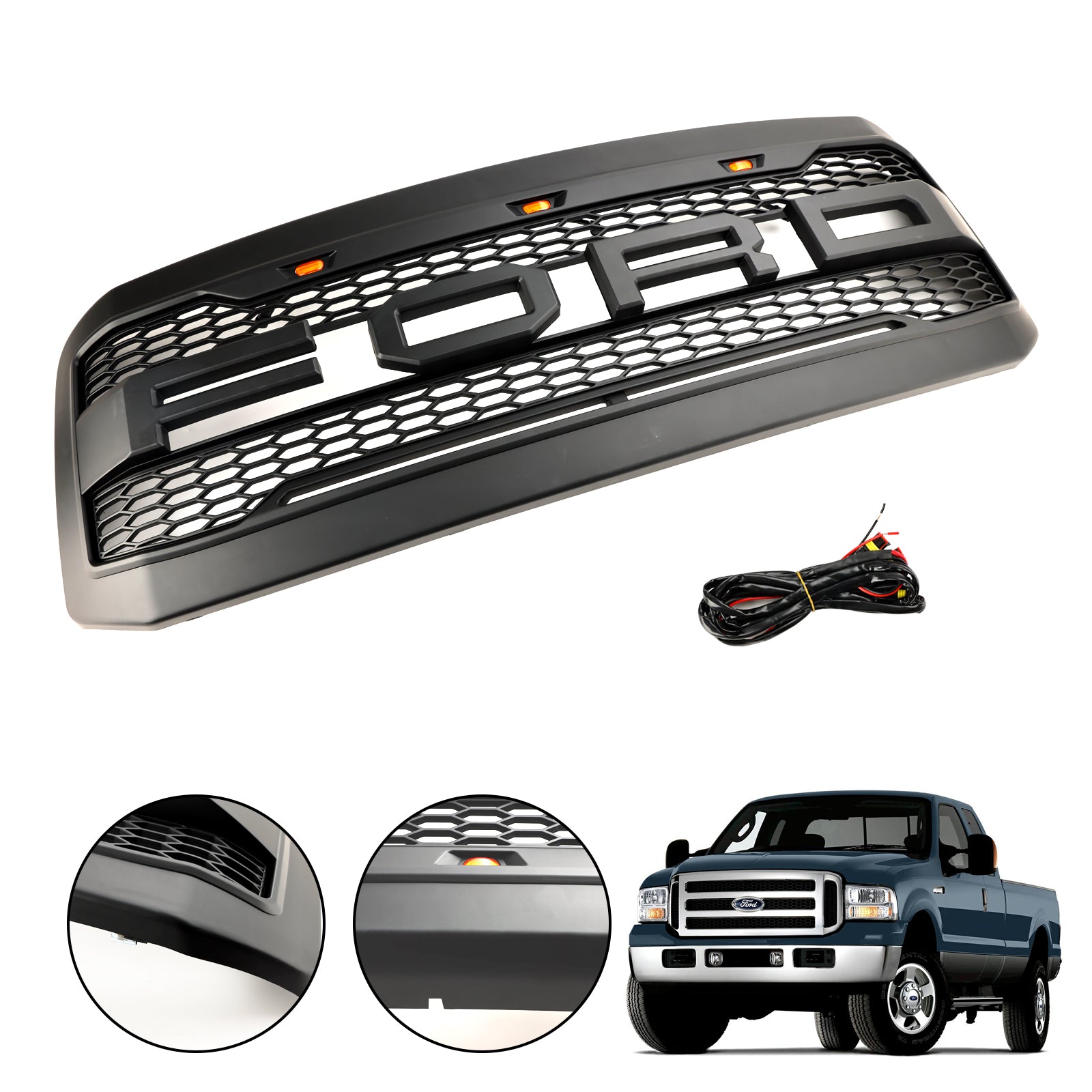 Ford F250 F350 Super Duty 2005 2006 2007 Raptor Style Matte Black Grille Front Bumper Replacement Grill With LED Light