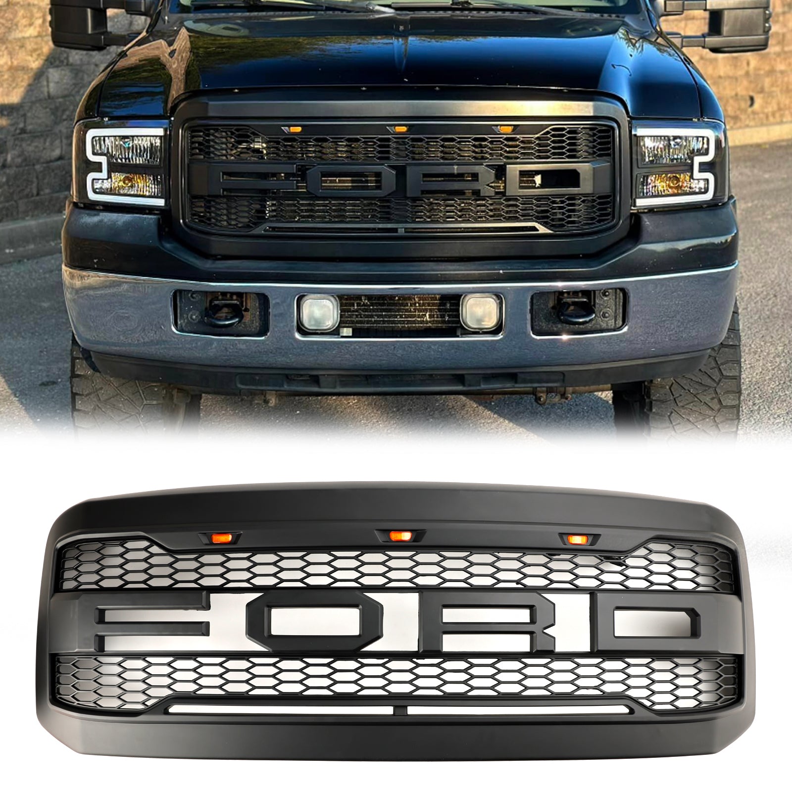 Ford F250 F350 Super Duty 2005 2006 2007 Raptor Style Matte Black Grille Front Bumper Replacement Grill With LED Light