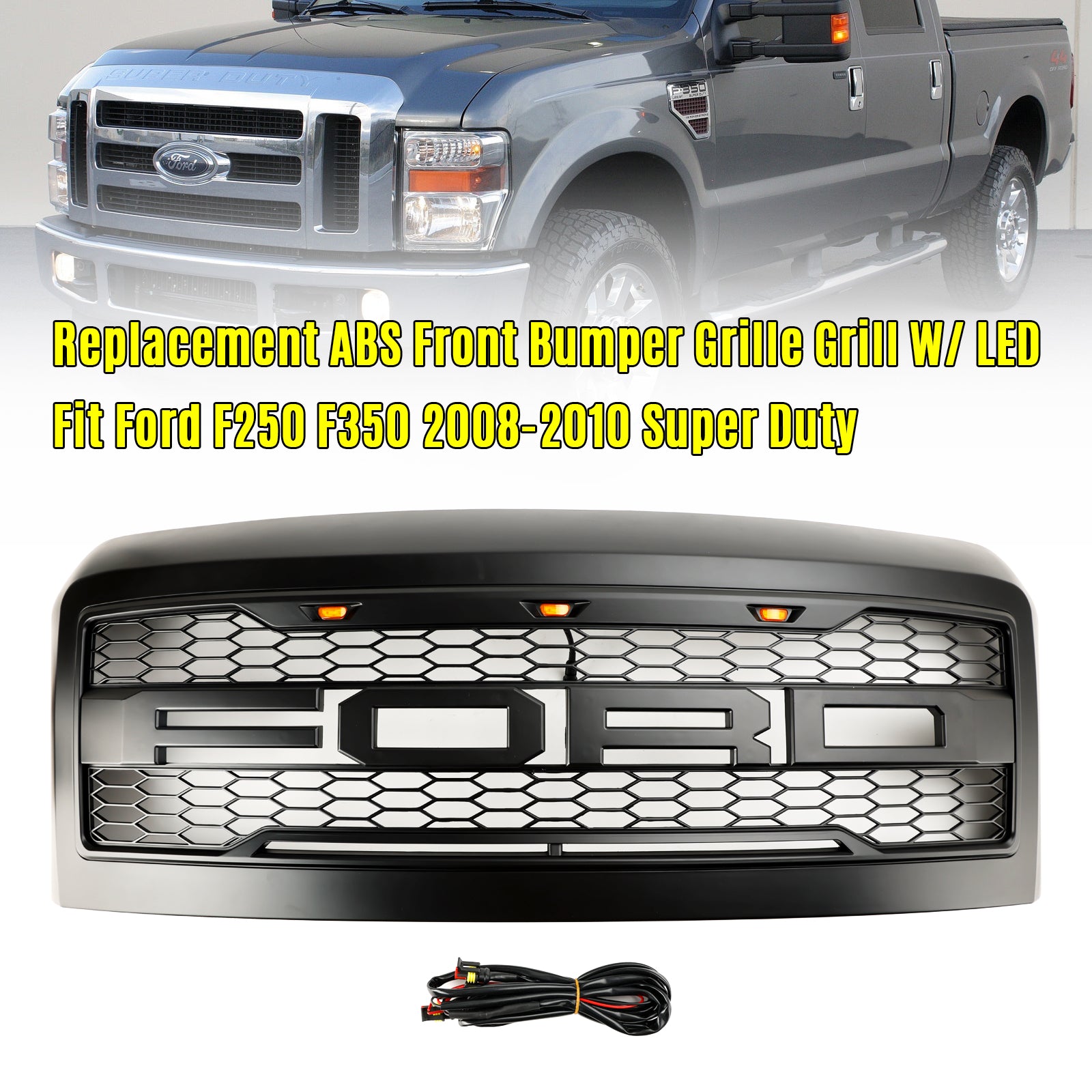 Pare-chocs avant Super Duty Ford F250 F350 F450 2008-2010 avec lumières LED Remplacement de la calandre Raptor Grille noire