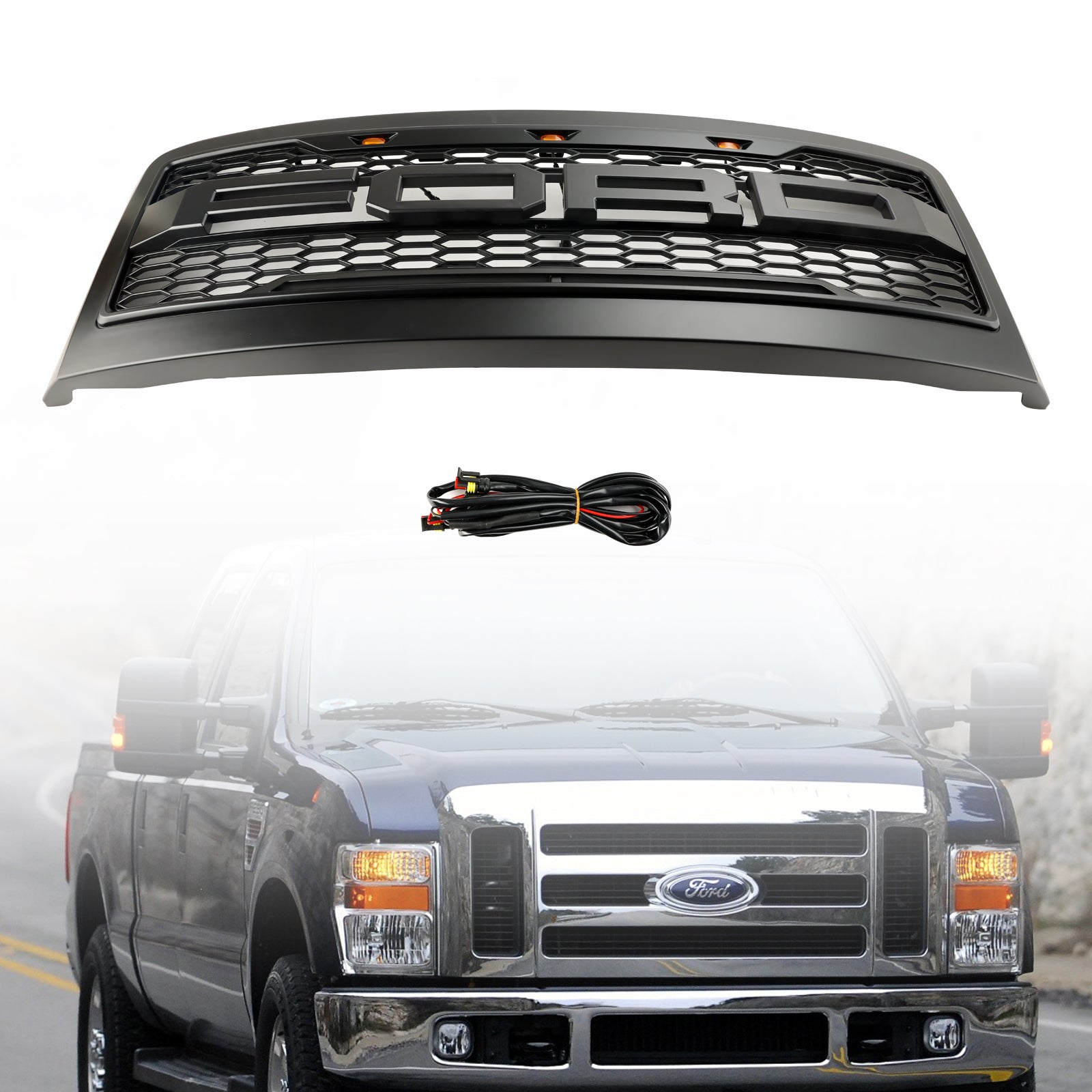 Raptor Style | Ford F250 F350 F450 | 2008 2009 2010 | Matt Black Grille | Air Intake Radiator Bumper Front Grill + LED