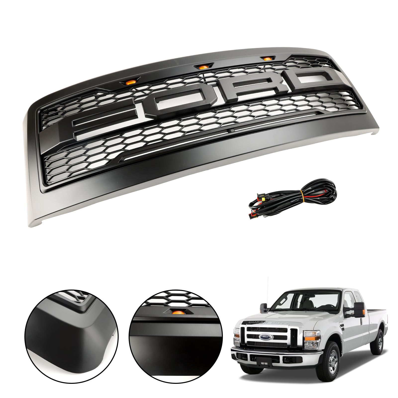 Raptor Style | Ford F250 F350 F450 | 2008 2009 2010 | Matt Black Grille | Air Intake Radiator Bumper Front Grill + LED