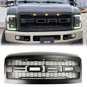2008-2010 Ford F250 F350 F450 Super Duty Front Bumper W/ LED Lights Raptor Grill Replacement Black Grille