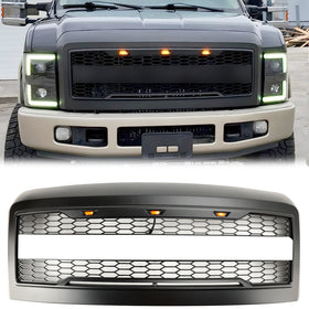 Parachoques delantero Super Duty Ford F250 F350 F450 2008-2010 con luces LED, parrilla Raptor de repuesto, parrilla negra con letra FORD