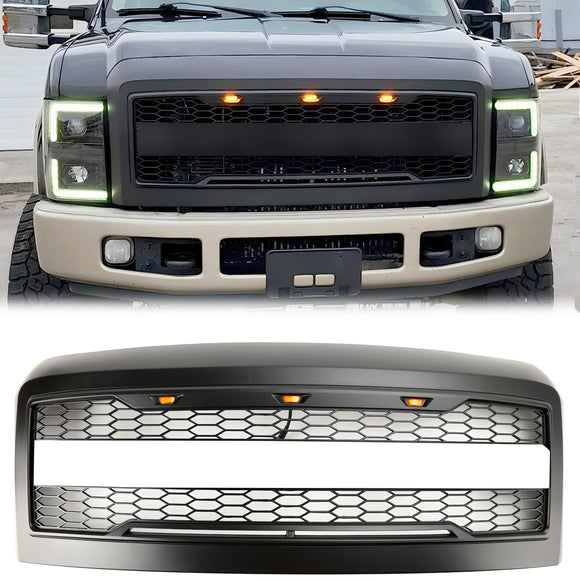 2008-2010 Ford F250 F350 F450 Super Duty Front Bumper W/ LED Lights Raptor Grill Replacement Black Grille With FORD Letter