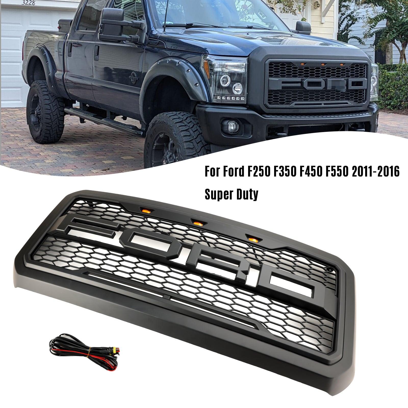 2011-2016 Ford F250/350/450/550 Super Duty Front Bumper Grill Replacement W/LED Black Grille