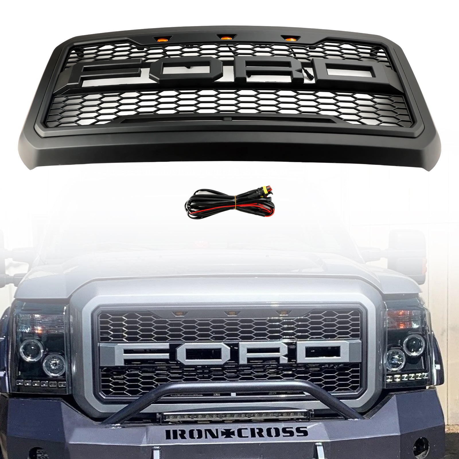 Grille de pare-chocs avant de remplacement avec grille noire à LED pour Ford F250/350/450/550 Super Duty 2011-2016