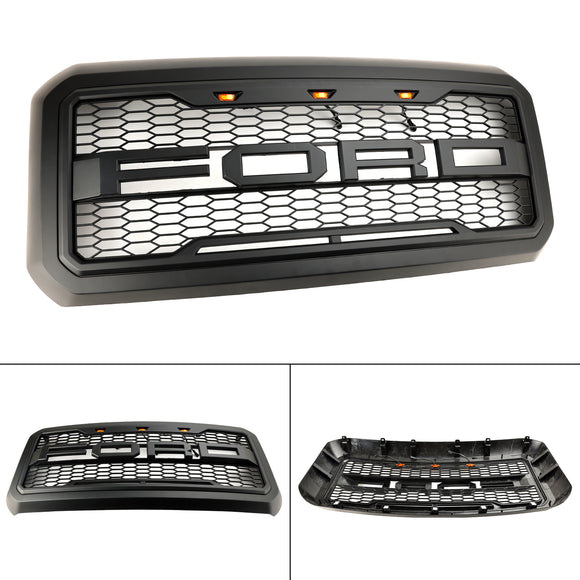 2011-2016 Ford F250/350/450/550 Super Duty Raptor Style Front Bumper Grill Replacement W/LED Black Grille