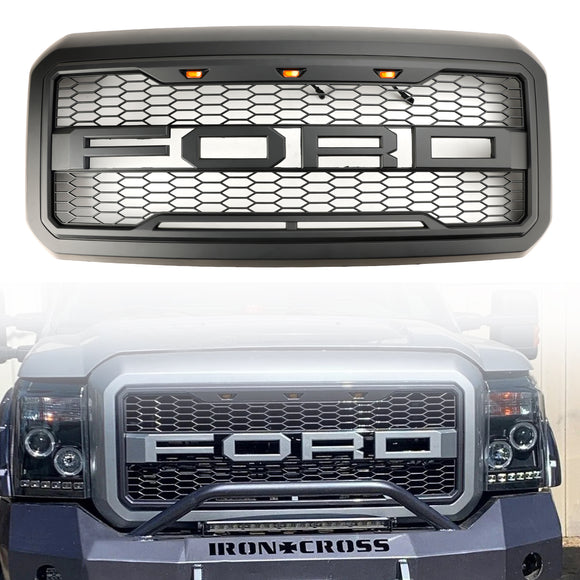 2011-2016 Ford F250/350/450/550 Super Duty Raptor Style Front Bumper Grill Replacement W/LED Black Grille