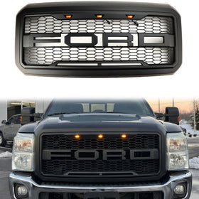 Raptor-Kühlergrill für Ford 250, 350, 450, 550 Super Duty (2011–2016), Frontstoßstange, Wabengrill, schwarz, mit LED-Beleuchtung & Brief