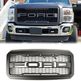 2011-2016 Ford F250/350/450/550 Super Duty Raptor Style Front Bumper Grill Replacement W/LED Black Grille
