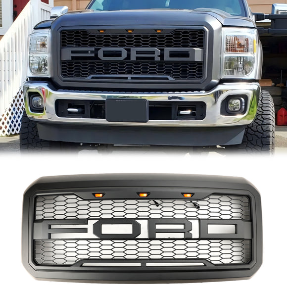 2011-2016 Ford F250/350/450/550 Super Duty Raptor Style Front Bumper Grill Replacement W/LED Black Grille