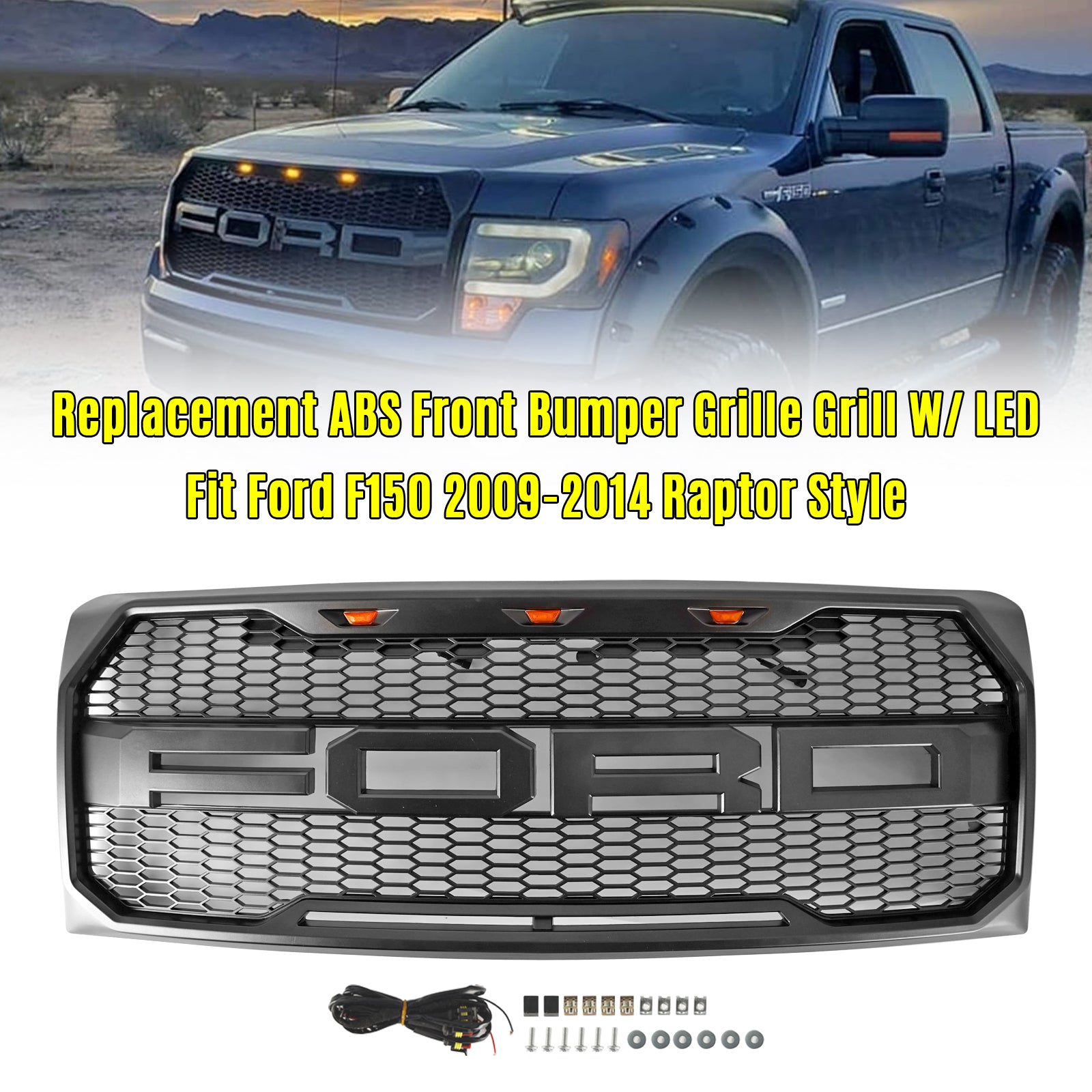 Ford F150 | Raptor Style Grille | 2009-2014 | W/ LED Light | Front Bumper | Matte Black / Glossy Black / Gray Honeycomb Grill