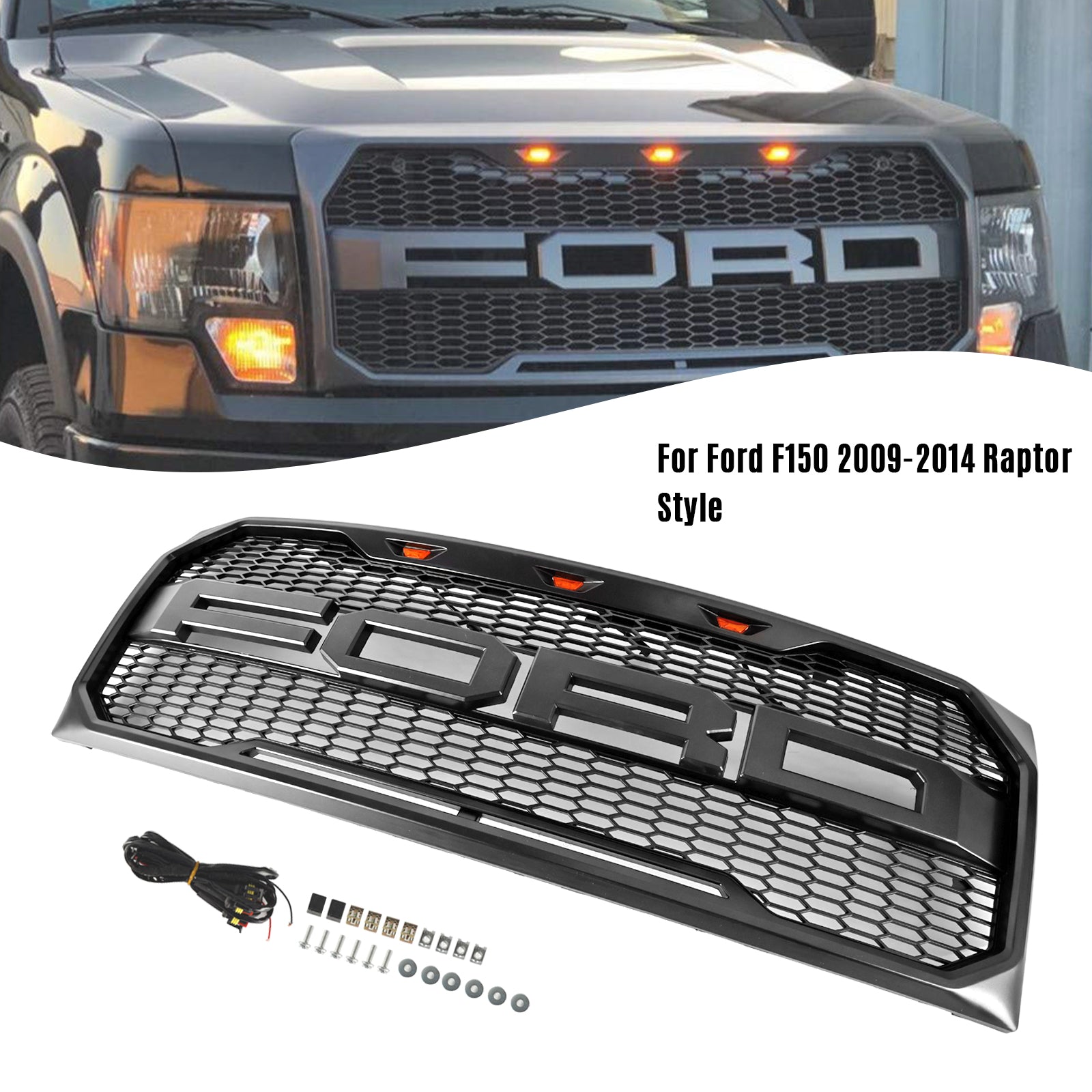 Ford F150 | Calandre de style Raptor | 2009-2014 | Avec éclairage LED | Pare-chocs avant | Calandre en nid d'abeille noir mat / noir brillant / gris