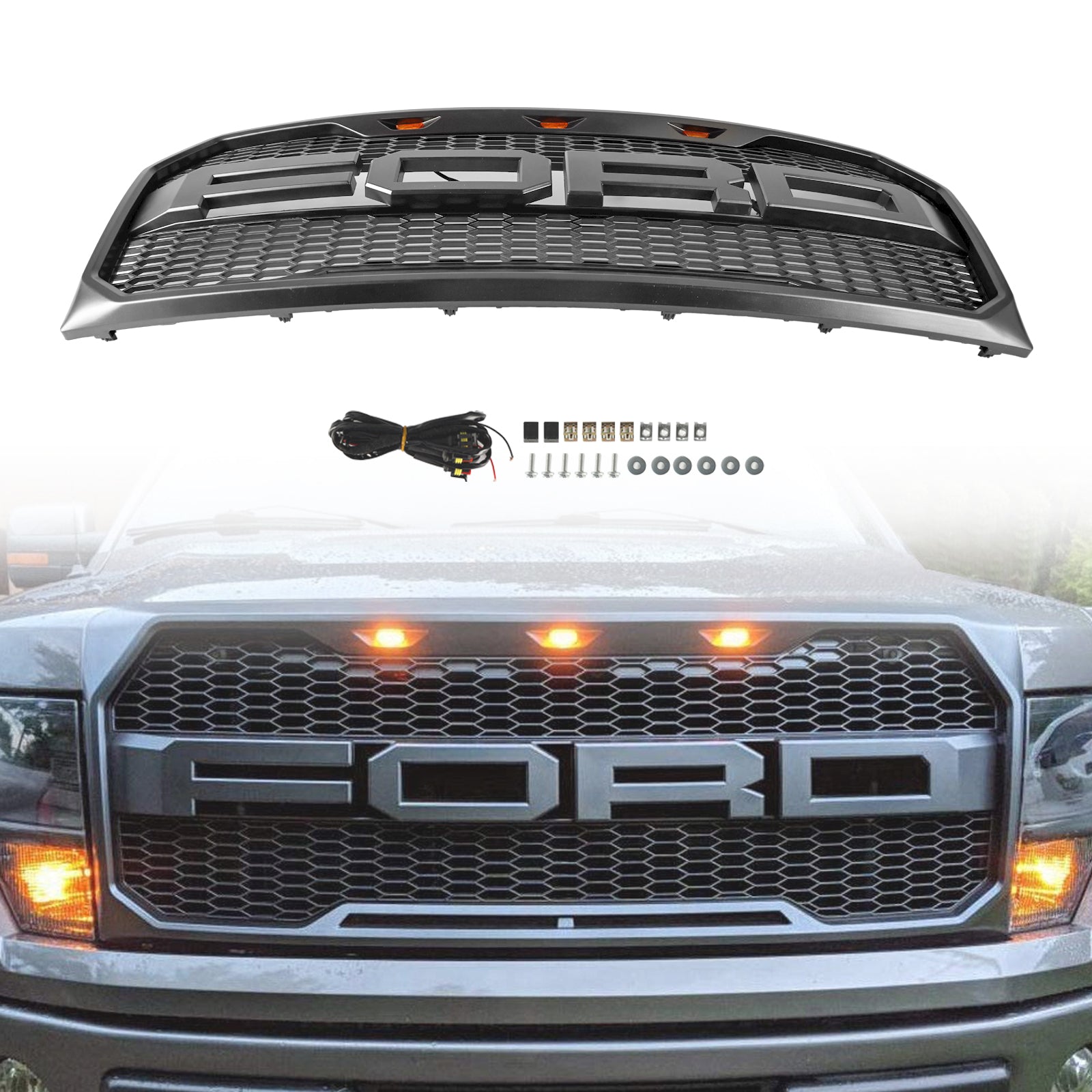 Ford F150 | Calandre de style Raptor | 2009-2014 | Avec éclairage LED | Pare-chocs avant | Calandre en nid d'abeille noir mat / noir brillant / gris