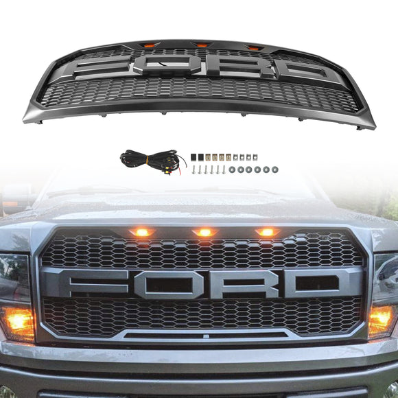Ford F150 | Parrilla estilo Raptor | 2009-2014 | Con luz LED | Parachoques delantero | Parrilla tipo panal en negro mate, negro brillante y gris