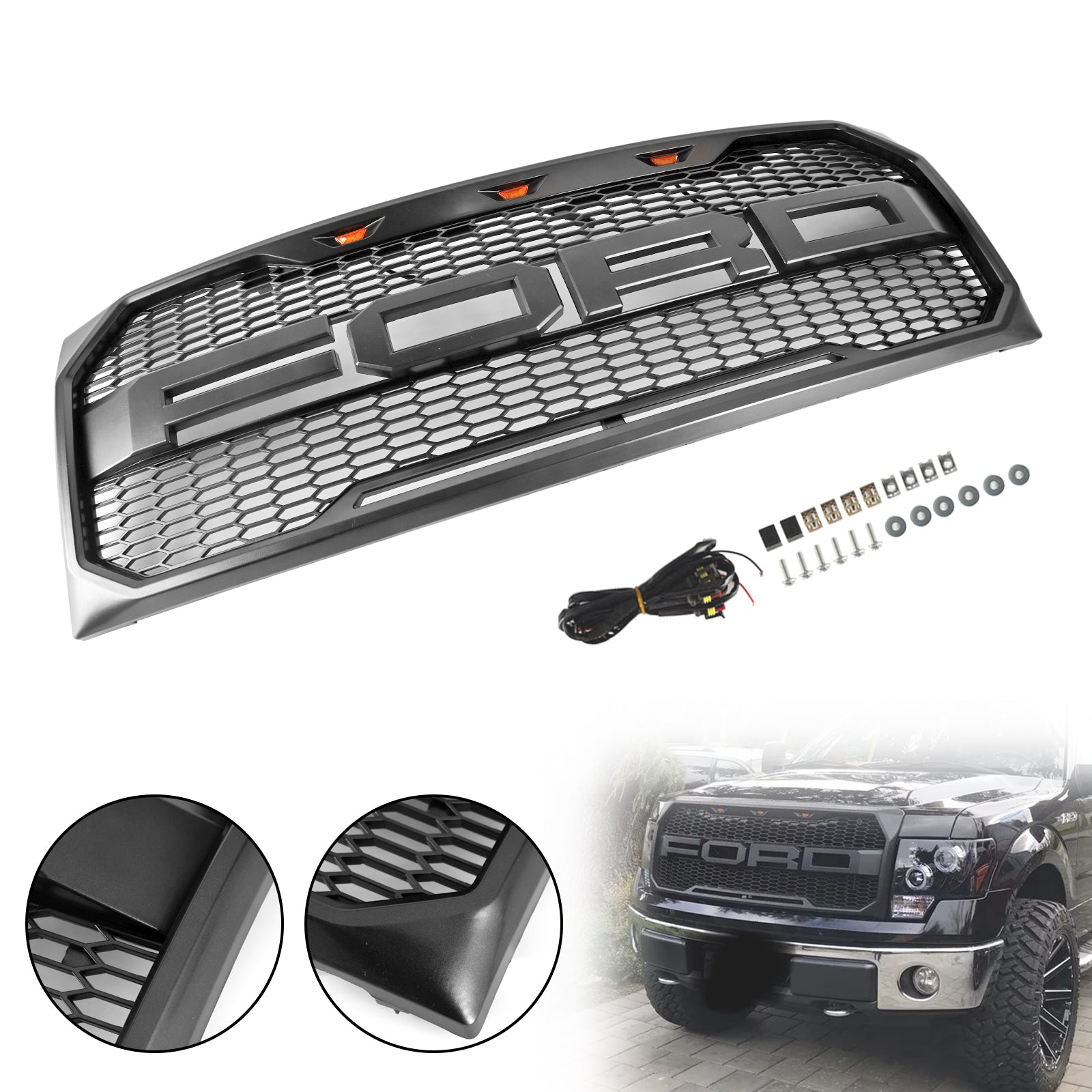 Ford F150 | Calandre de style Raptor | 2009-2014 | Avec éclairage LED | Pare-chocs avant | Calandre en nid d'abeille noir mat / noir brillant / gris