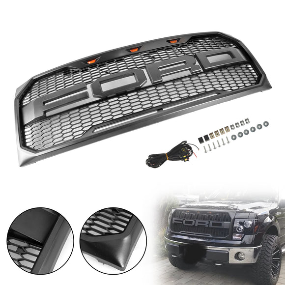 Ford F150 | Parrilla estilo Raptor | 2009-2014 | Con luz LED | Parachoques delantero | Parrilla tipo panal en negro mate, negro brillante y gris