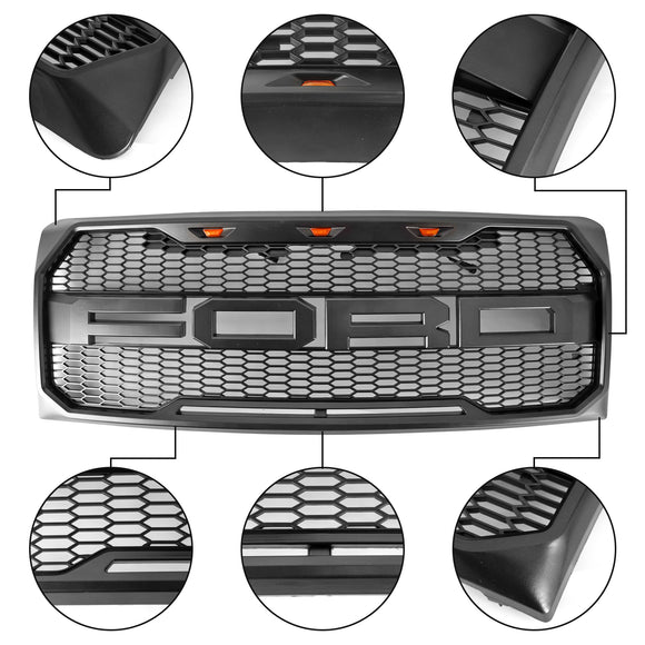 Ford F150 | Parrilla estilo Raptor | 2009-2014 | Con luz LED | Parachoques delantero | Parrilla tipo panal en negro mate, negro brillante y gris