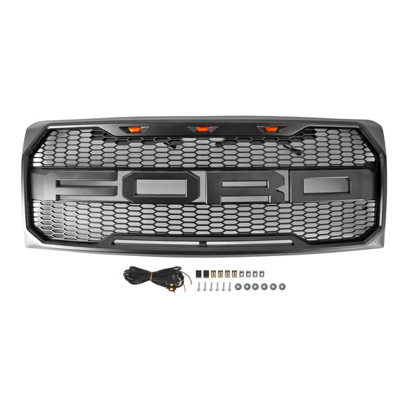 Ford F150 | Parrilla estilo Raptor | 2009-2014 | Con luz LED | Parachoques delantero | Parrilla tipo panal en negro mate, negro brillante y gris