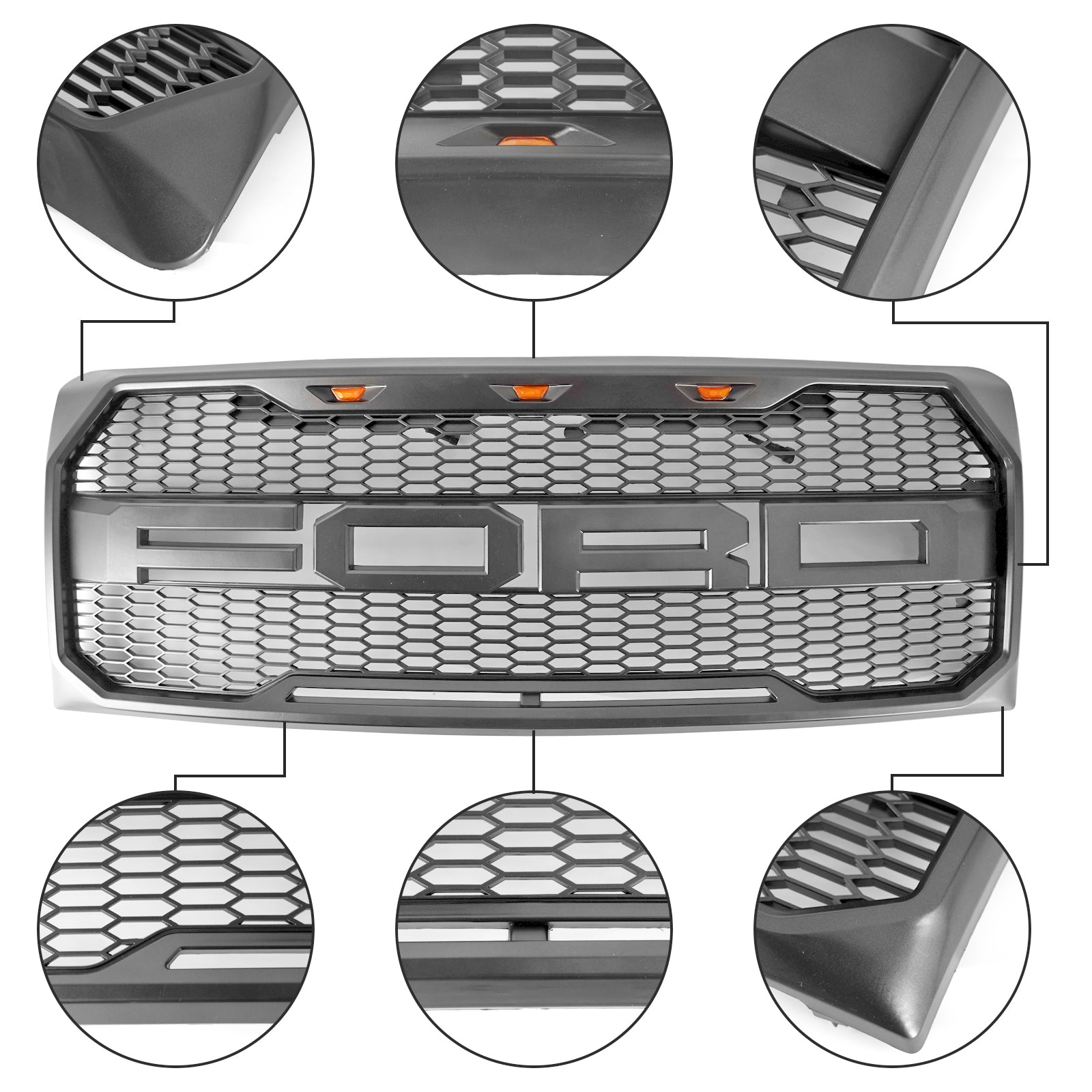 Ford F150 | Calandre de style Raptor | 2009-2014 | Avec éclairage LED | Pare-chocs avant | Calandre en nid d'abeille noir mat / noir brillant / gris