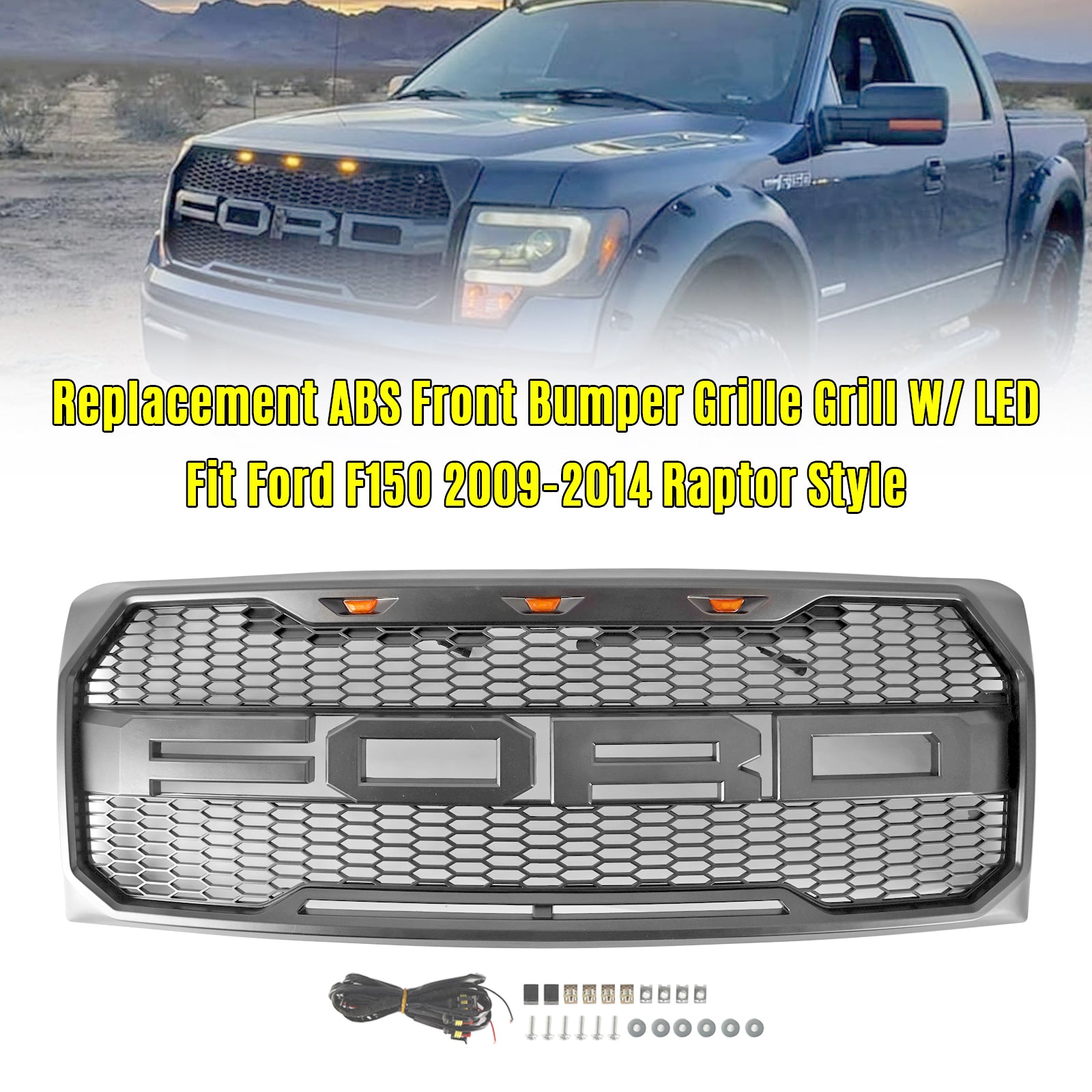 Raptor Style Grill | 2009-2014 | Ford F150 | Gray Black | Front Bumper Replacement Grille W/ LED & Letter