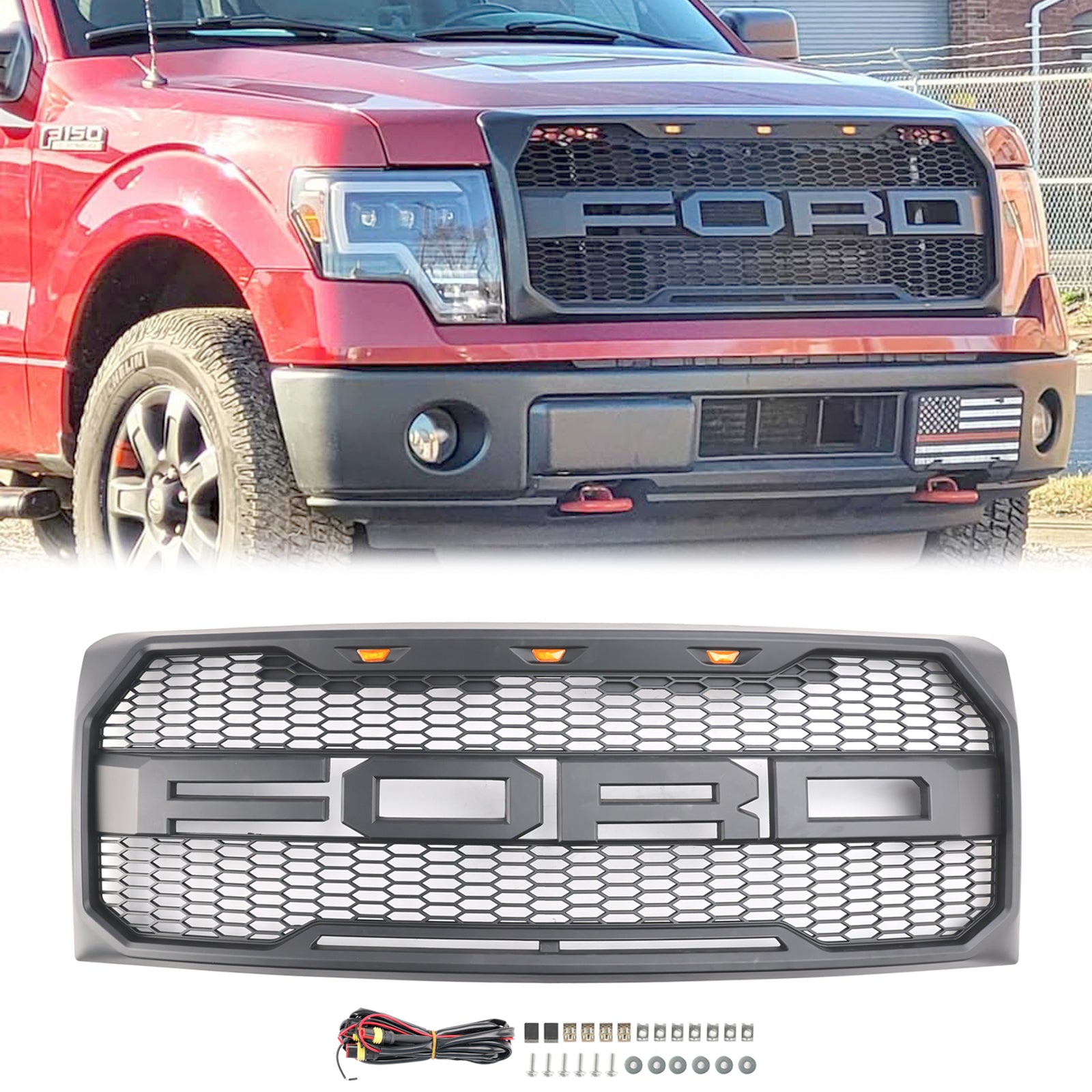 Ford F150 | Calandre de style Raptor | 2009-2014 | Avec éclairage LED | Pare-chocs avant | Calandre en nid d'abeille noir mat / noir brillant / gris