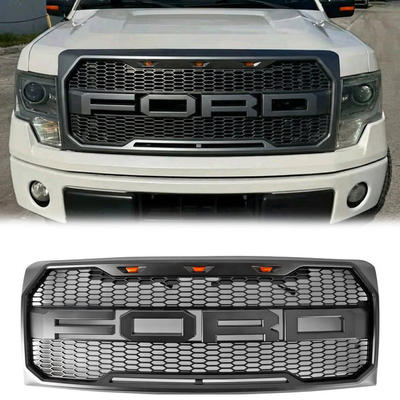 Ford F150 | Grille in Raptor-stijl | 2009-2014 | Met LED-licht | Voorbumper | Matzwart/glanzend zwart/grijs honingraatrooster