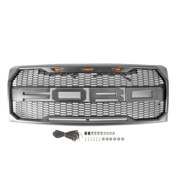 2009-2014 Ford F150 Front Grille Upper Bumper Gray Honeycomb Raptor Style Grill With LED
