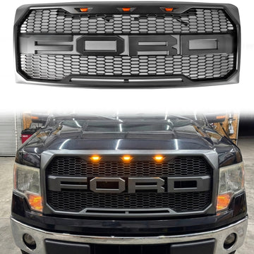 2009–2014 Ford F150 Frontgrill, obere Stoßstange, grauer Waben-Grill im Raptor-Stil mit LED