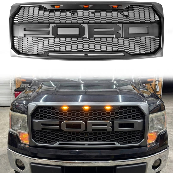 Ford F150 | Grille in Raptor-stijl | 2009-2014 | Met LED-licht | Voorbumper | Matzwart/glanzend zwart/grijs honingraatrooster