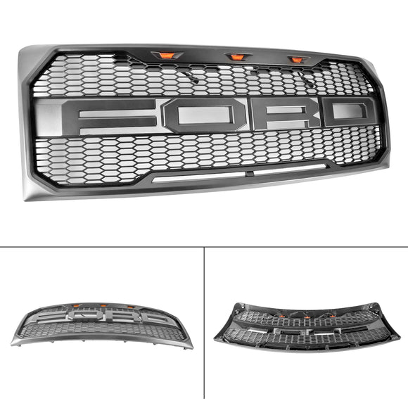 Ford F150 | Parrilla estilo Raptor | 2009-2014 | Con luz LED | Parachoques delantero | Parrilla tipo panal en negro mate, negro brillante y gris