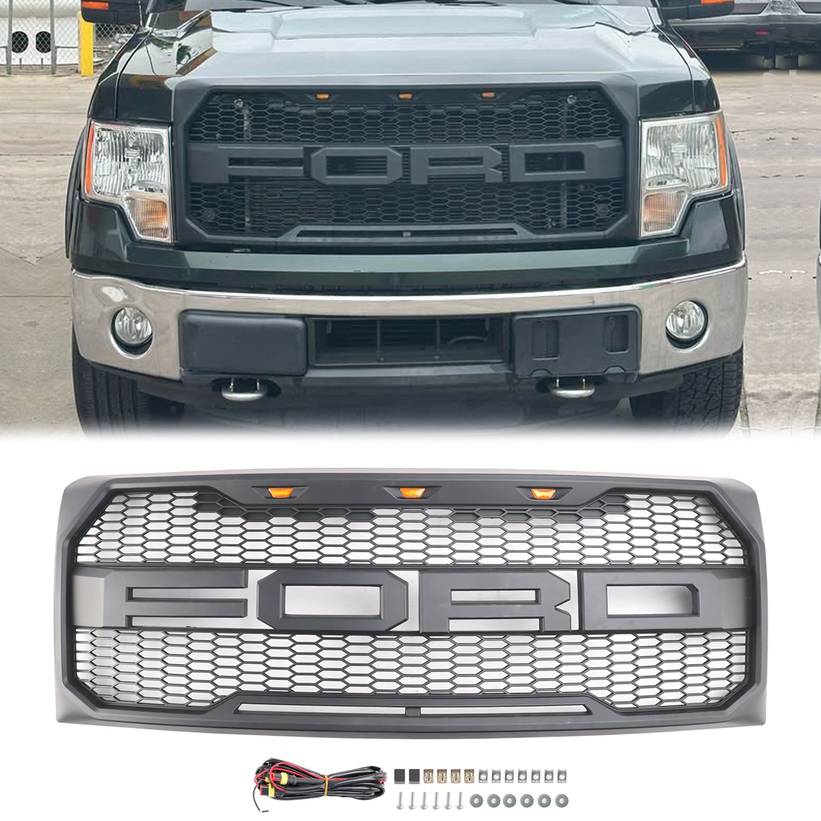Ford F150 | Calandre de style Raptor | 2009-2014 | Avec éclairage LED | Pare-chocs avant | Calandre en nid d'abeille noir mat / noir brillant / gris