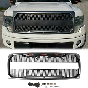 Grill im Raptor-Stil | 2009-2014 | Ford F150 | Grau Schwarz | Ersatzgitter für die vordere Stoßstange mit LED + FORD-Buchstabe
