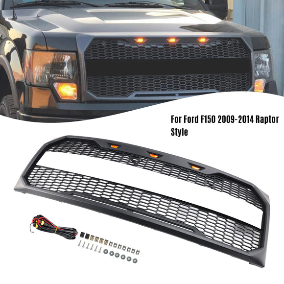 2009–2014 Ford F150 Raptor Style Frontstoßstangengrill, mattschwarzer Ersatz-Wabengrill mit LED + FORD-Buchstabe
