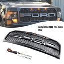 2009-2014 Ford F150 Raptor Style Front Bumper Grille Matte Black Replacement Honeycomb Grill With LED-4