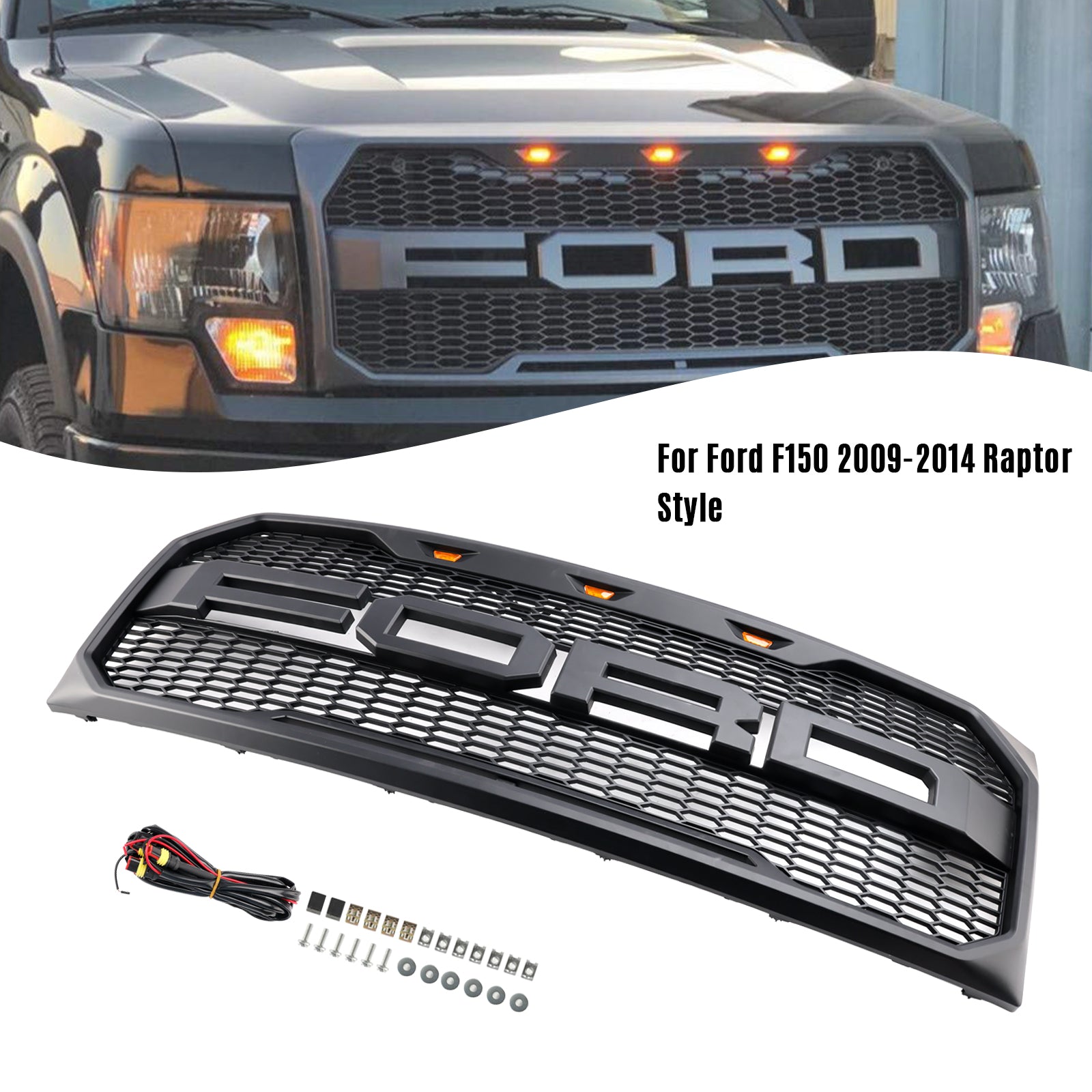 2009-2014 Ford F150 XLT/Lariat/King Ranch/FX4 Raptor Style Front Bumper Grille Matte Black Grill With LED