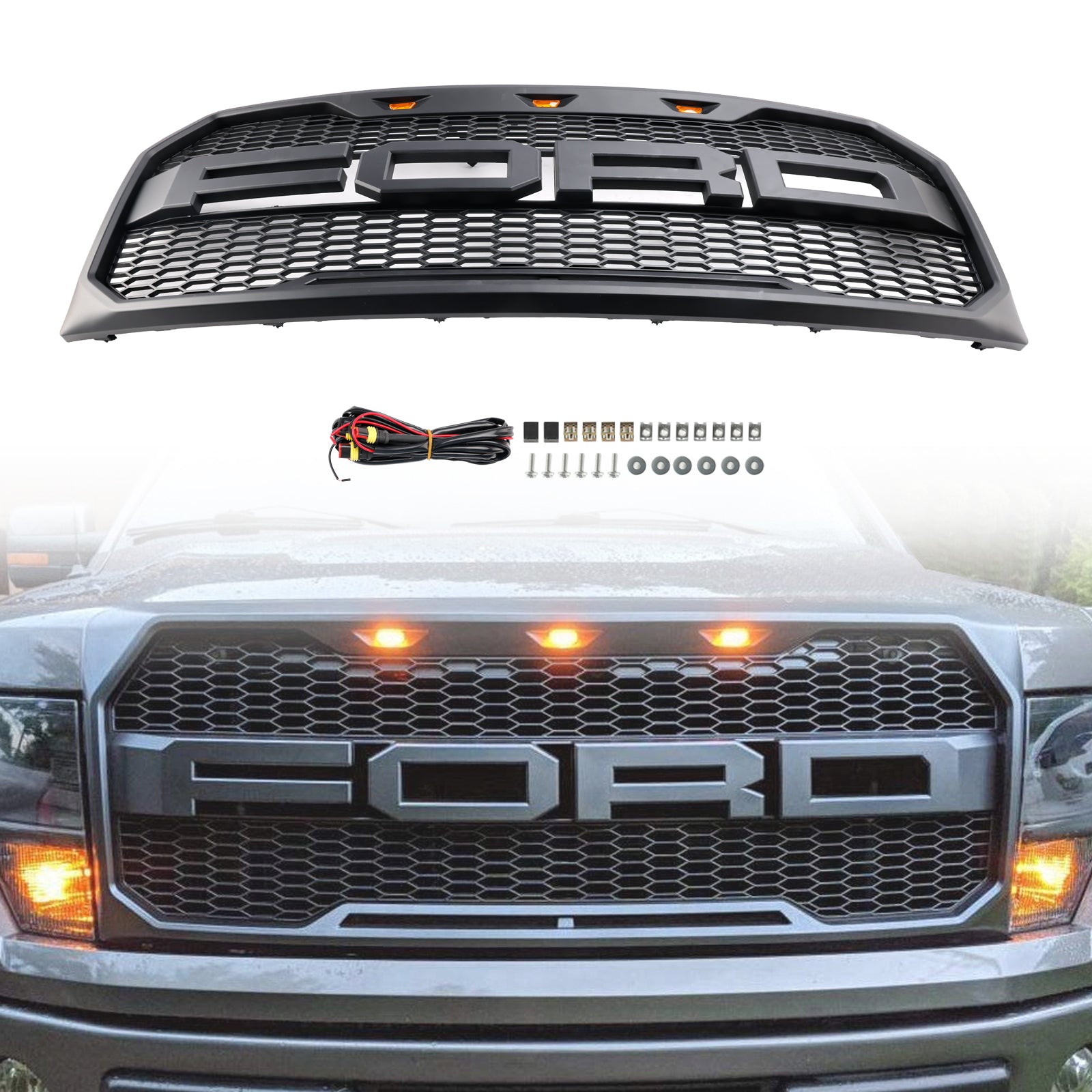 2009-2014 Ford F150 XLT/Lariat/King Ranch/FX4 Raptor Style Front Bumper Grille Matte Black Grill With LED