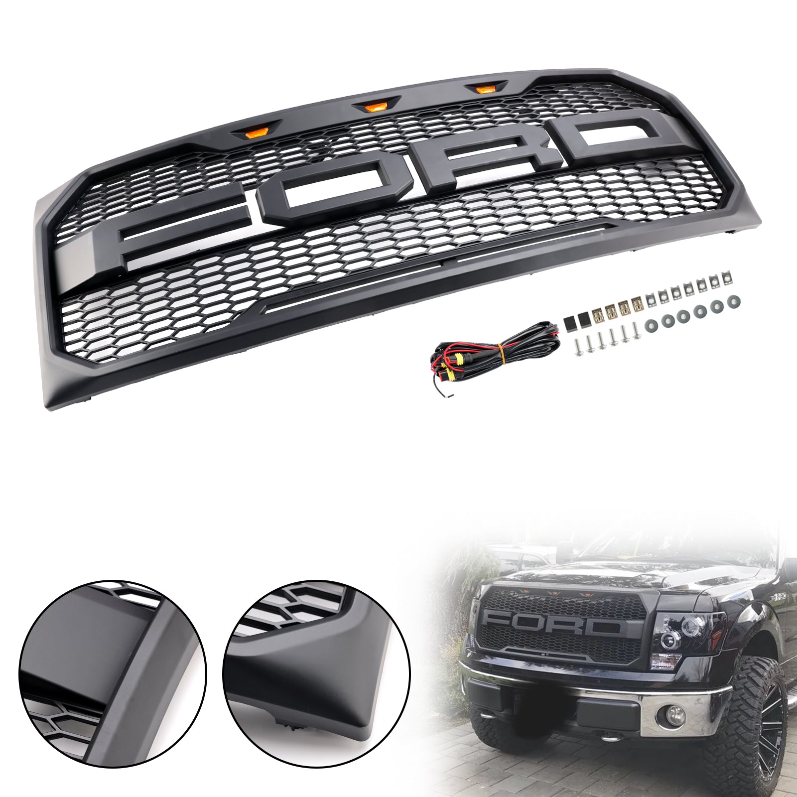 Rejilla de parachoques delantera estilo Raptor para Ford F150 XLT/Lariat/King Ranch/FX4 2009-2014, color negro mate y con luces LED