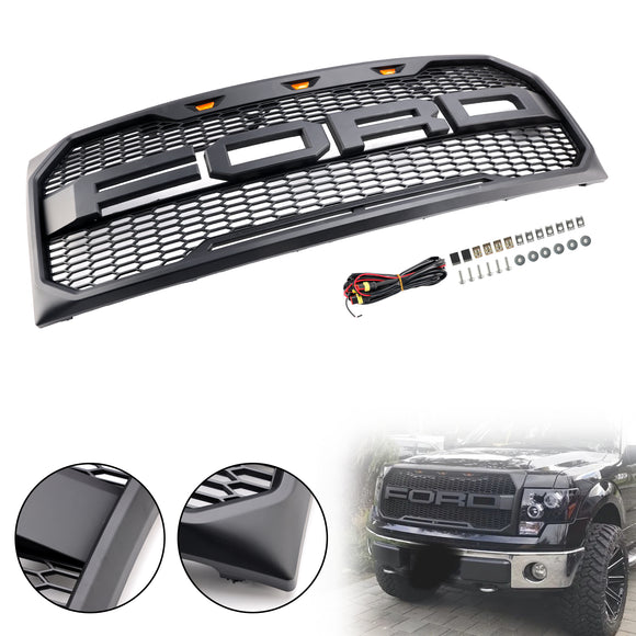 2009-2014 Ford F150 Raptor Style Front Bumper Grille Matte Black Replacement Honeycomb Grill With LED