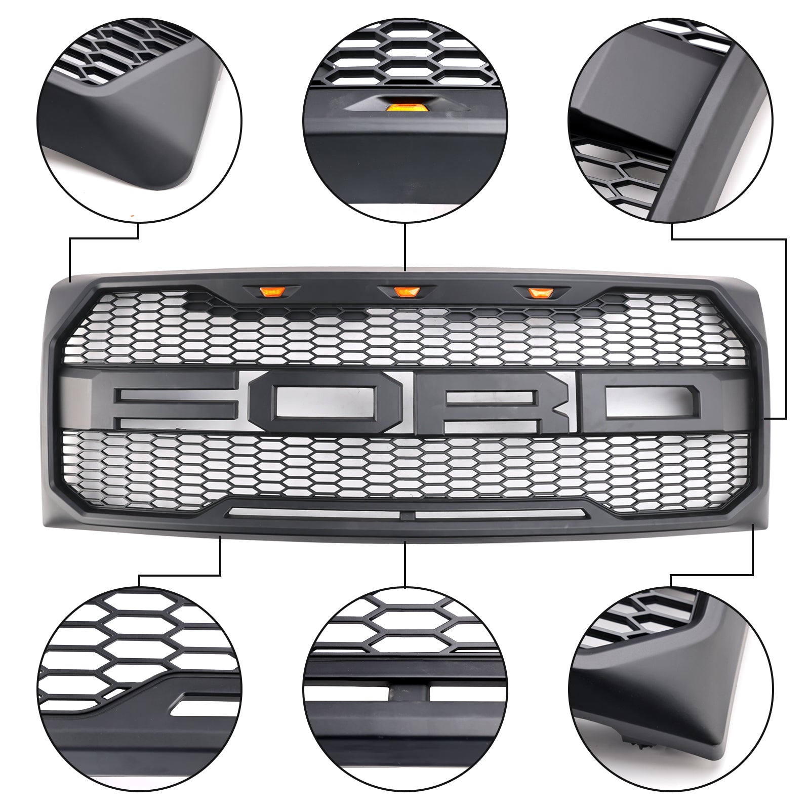 2009-2014 Ford F150 XLT/Lariat/King Ranch/FX4 Raptor Style Front Bumper Grille Matte Black Grill With LED