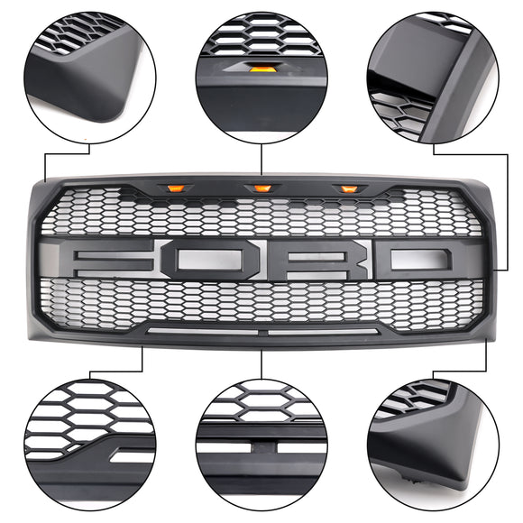 2009-2014 Ford F150 Raptor Style Front Bumper Grille Matte Black Replacement Honeycomb Grill With LED