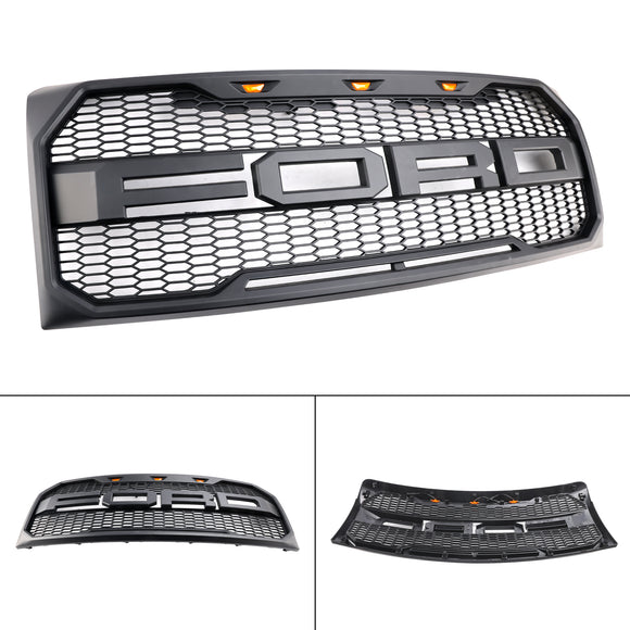 2009-2014 Ford F150 Raptor Style Front Bumper Grille Matte Black Replacement Honeycomb Grill With LED